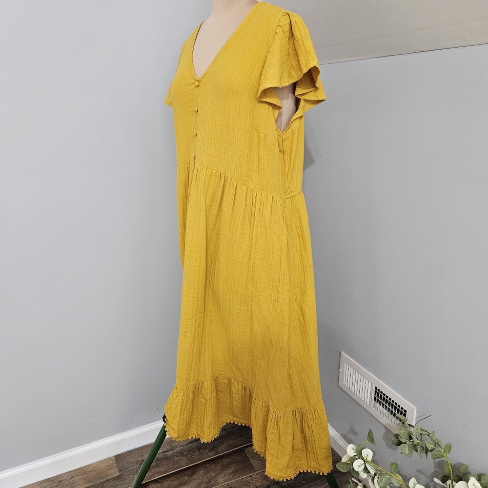 Mustard Yellow Maxi Dress XXL Boho Flutter Prairie Cottagecore Boho Cotton Gauze - Picture 4 of 11